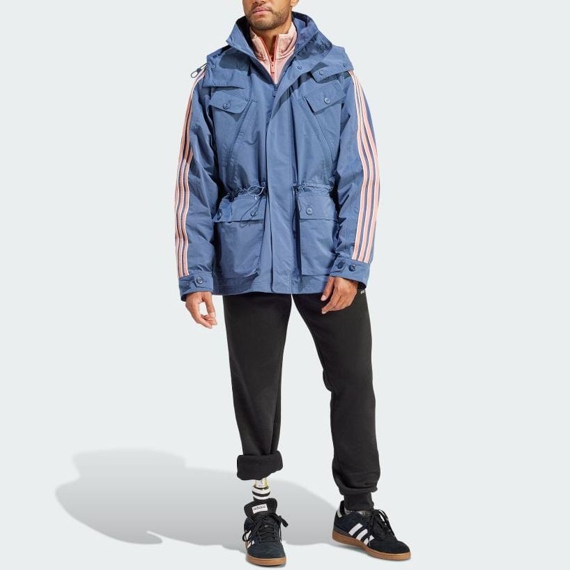 Adidas Originals Jachetă de vânt cu glugă cu mâneci lungi cu fermoar pentru bărbați, îmbrăcăminte exterioară albastră IR9397