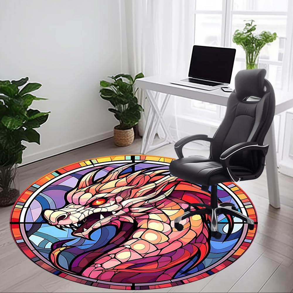 1pc StainedGlass DragonHead Office Round Area Rug, Indoor Mat Suitable For Office, Under Office Chairs Bedroom Living Room Home Decor, Room Deco 086