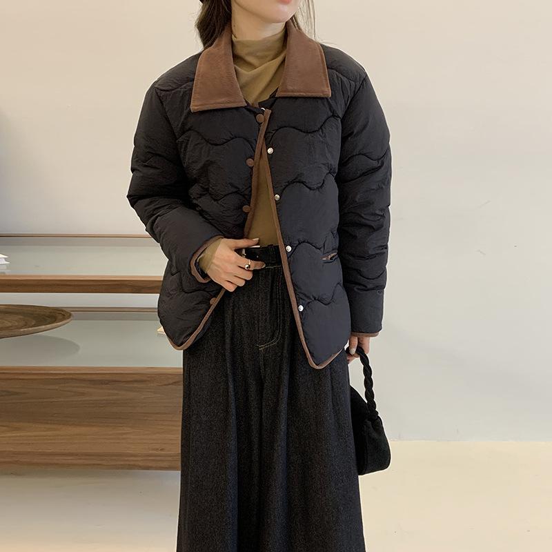New Contrasting Color Sewn Cotton Jacket Short Autumn and Winter Women's Retro Lapel Thin Cotton Jacket Thickened Jacket