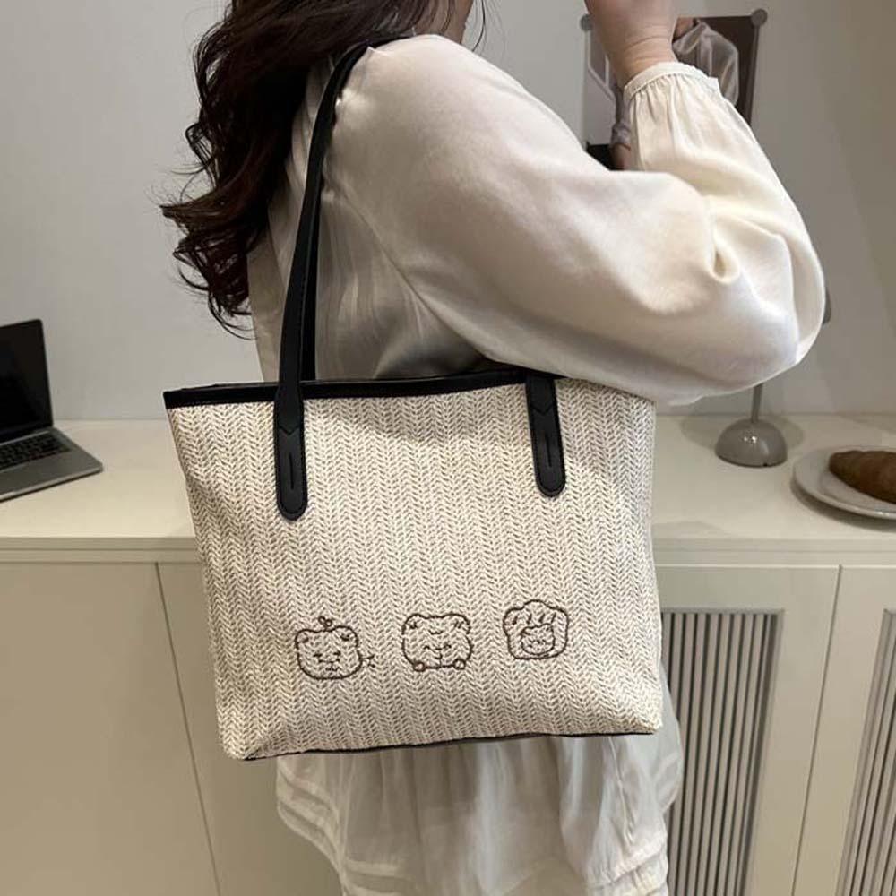 

Sweet Straw Tote Bag Cartoon Pattern Summer Beach Handbag Trendy Woven Underarm Bag School чорний