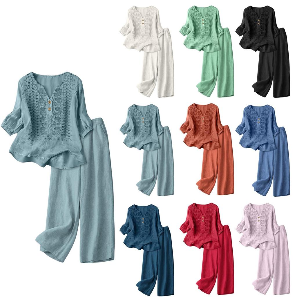 Damen Sommer 2-teiliges lässiges Leinen-Baumwoll-Outfit – Farblich besticktes Oberteil mit Dreiviertelärm und Cropped Hose, Leicht und atmungsaktiv