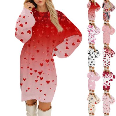 Women's Round Neck Casual Long Sleeve Plush Valentine's Day Printed Dresses