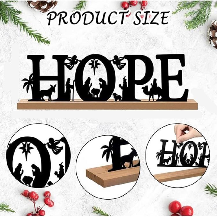 Classical Black Metal Nativity Scene Figurine Sculpture Christmas Tabletop Decoration Iron Sign with Wood Base Ornament