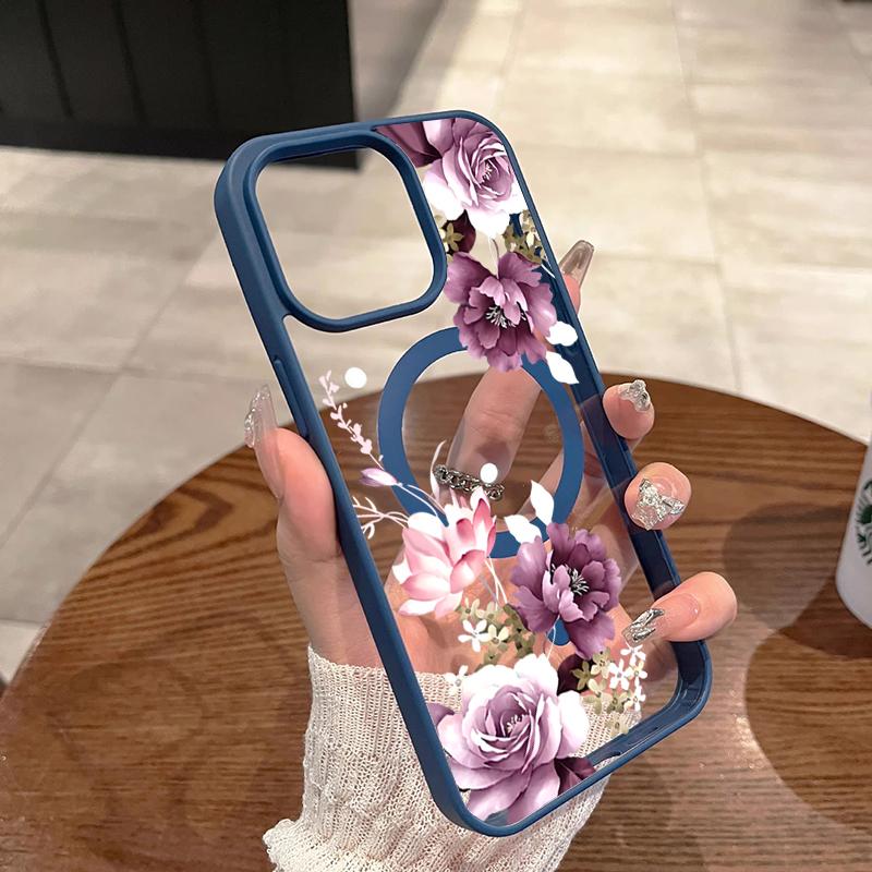 Imprimeu Floral Roz Lavandă pentru Carcasă de Telefon cu Încărcare Wireless pentru iPhone 17 16 15 14 12 13 Pro Max Plus Air 16E 11 Husă Magnetică