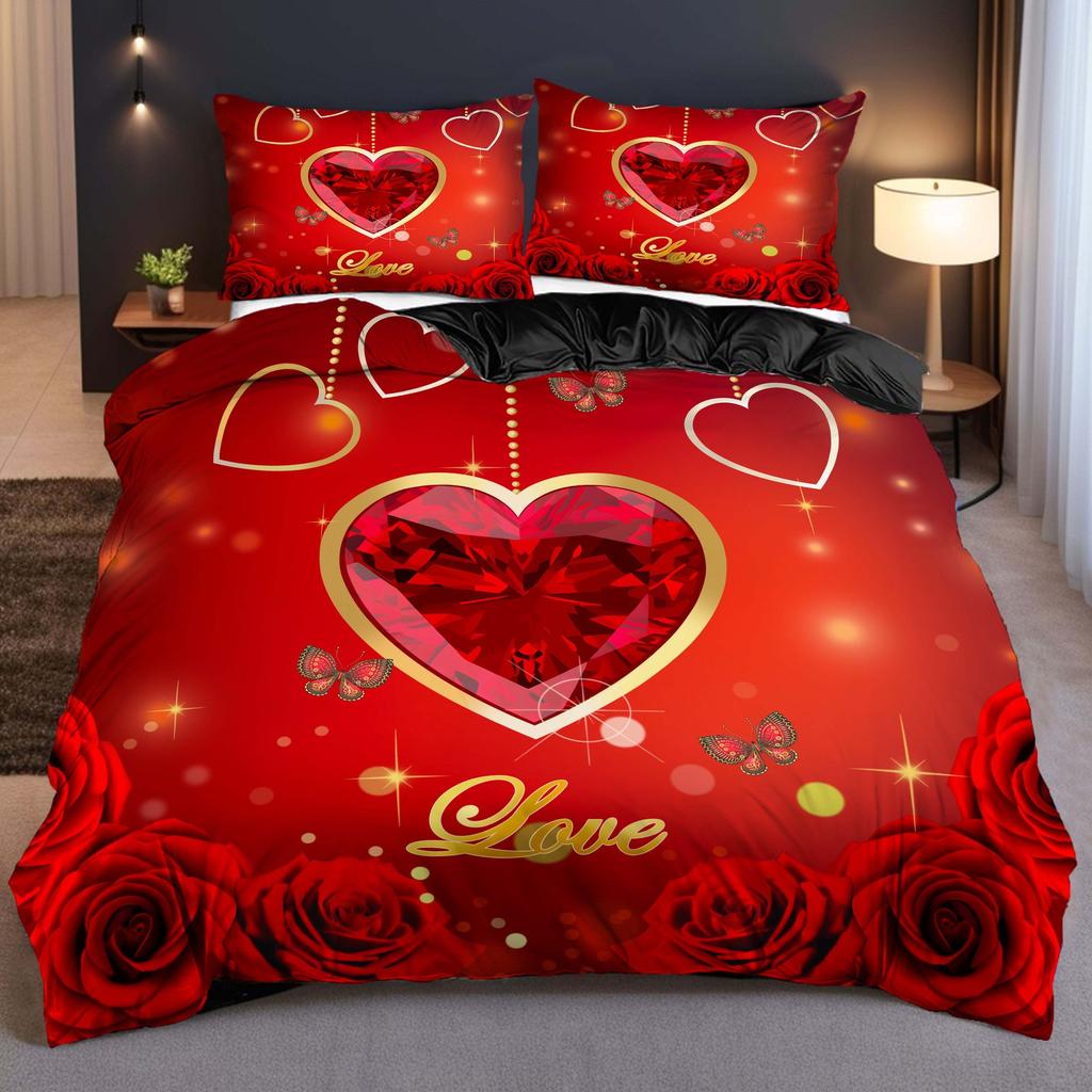 Red Festive Romantic Love Rose Digital Printing Retro Three-Piece Wedding Quilt Cover Bedding Couple