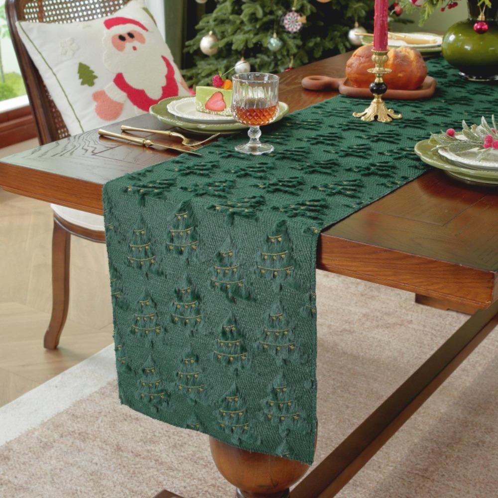 Christmas Table Runner Fluffy Embroidered Green Holiday Decor Dining Table Cover Throw