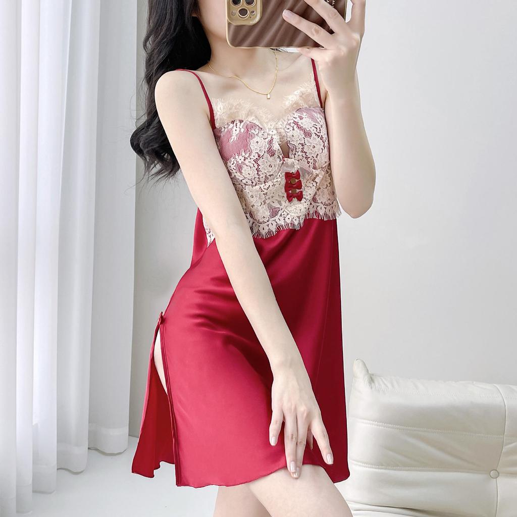 2025 High-End Women's Ice Silk Lace Spaghetti Strap Nightdress & Pajama Set