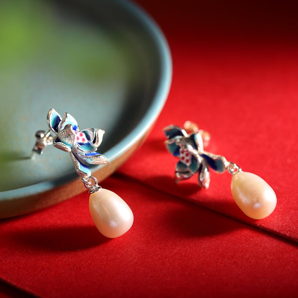 

National Style S925 Silver Freshwater Pearl Cloisonné Lotus Earrings for Women S925 Silver