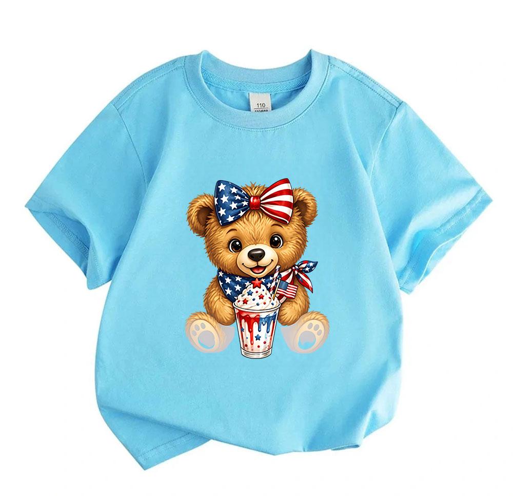 Kids Boys Girls 100% Cotton Crew Neck Short Sleeve T-Shirt, Cute Patriotic Brown Bear American Flag Bow Milkshake Print 4th of July Casual Summer Tee