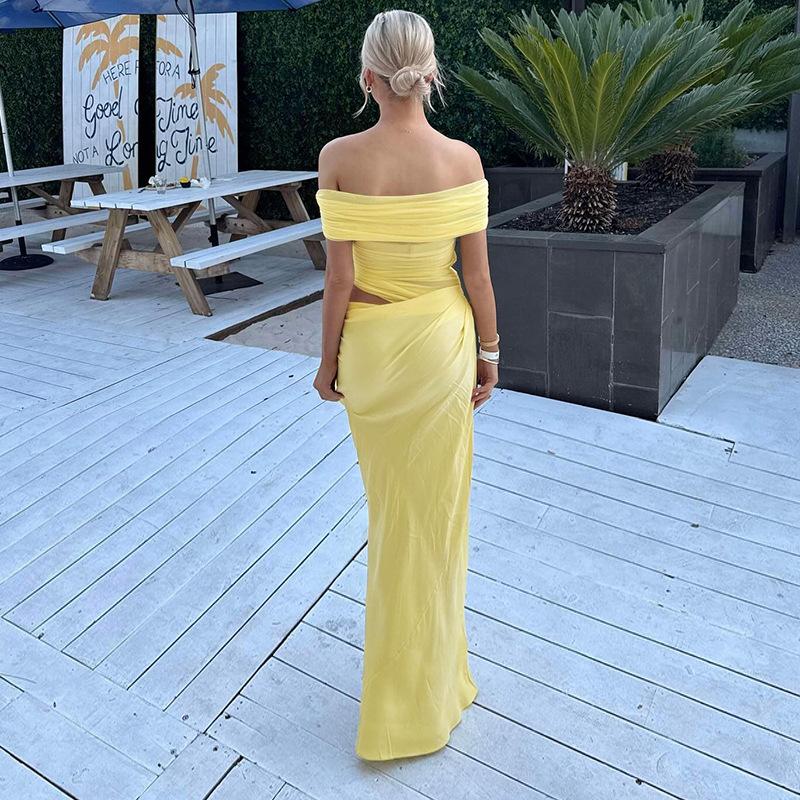 Women Off Shoulder Mesh Dress Formal Wedding Evening Dress Slim Maxi Dresses