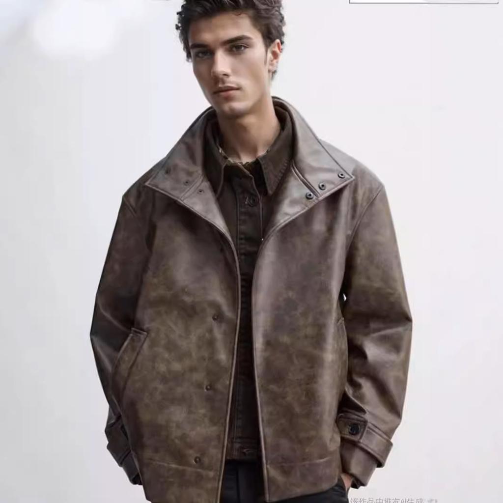 Original - Men's European and American style stand-up collar imitation leather jacket, American brown leather jacket, autumn coat