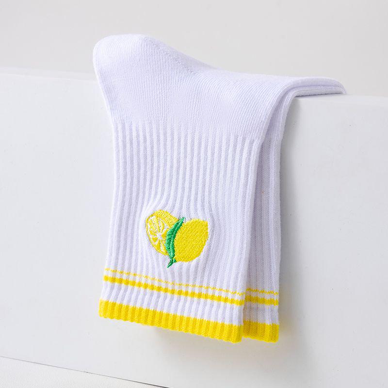 Women's Mid-Tube Non-Slip Yoga Socks with Fruit Embroidery for Fitness, Pilates, and Sports