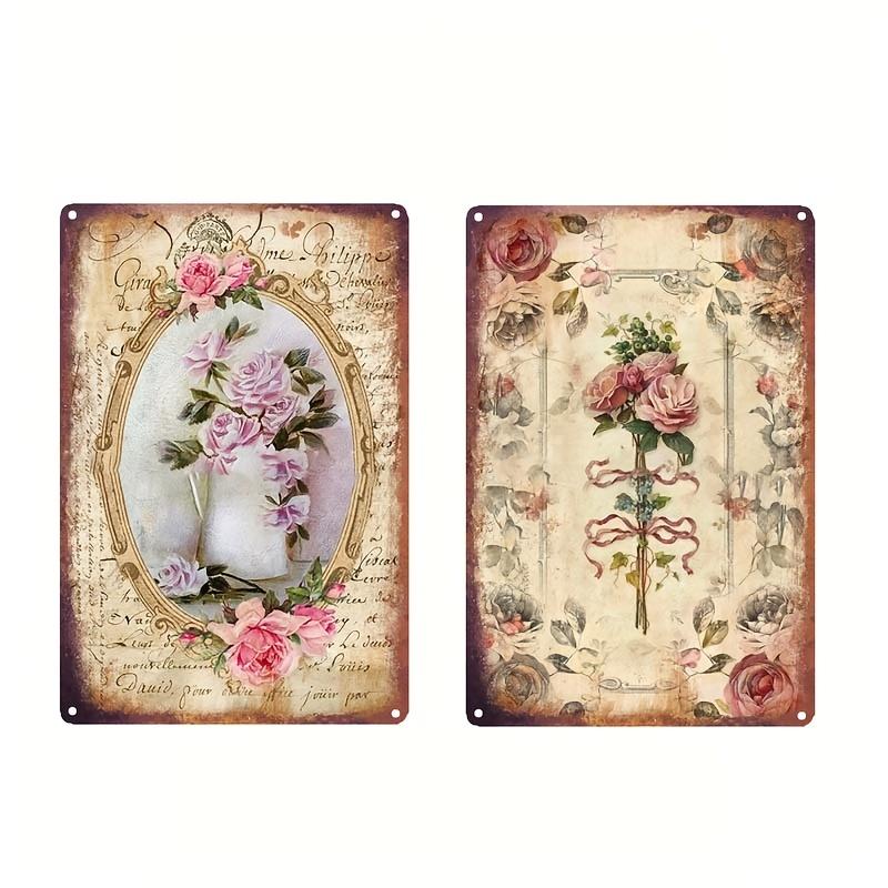 2Pcs 7.8×11.8in European Vintage Tin Paintings - Travel Music Flower Hot Air Balloon Decor - Indoor/Outdoor Wall Art for Home/Bar/Cafe