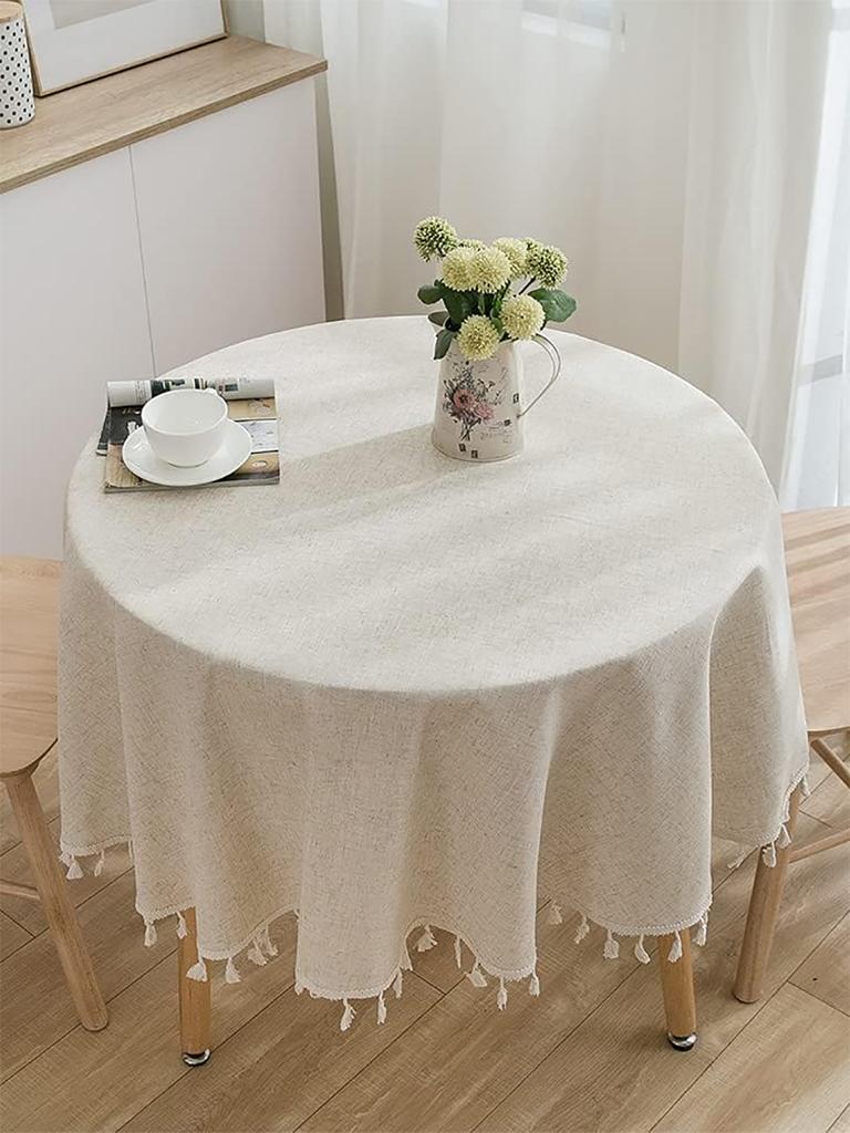 Round Tablecloth Cotton Linen Tassel Table Cover For Kitchen Dinner Table Decora Solid Color Dust-Proof Shrink-Proof Tablecloth