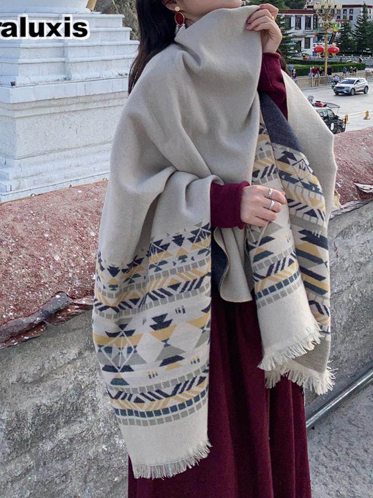 Ethnic Style Travel Shawl Women Cashmere Outer Layer Double-Sided Wool Scarf Cape Tassel Air Conditioning Room Cloak Blanket Trendy