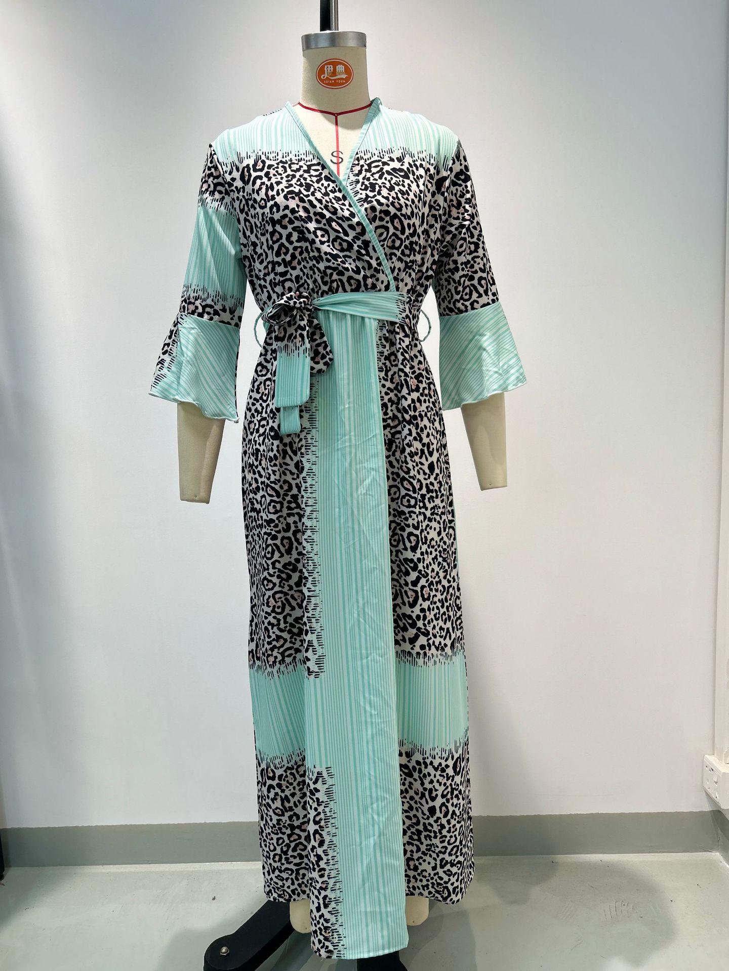 Women V Neck Wrap Maxi Dress Leopard Print Flare Sleeve Belted Plunge Summer Vacation Dress S