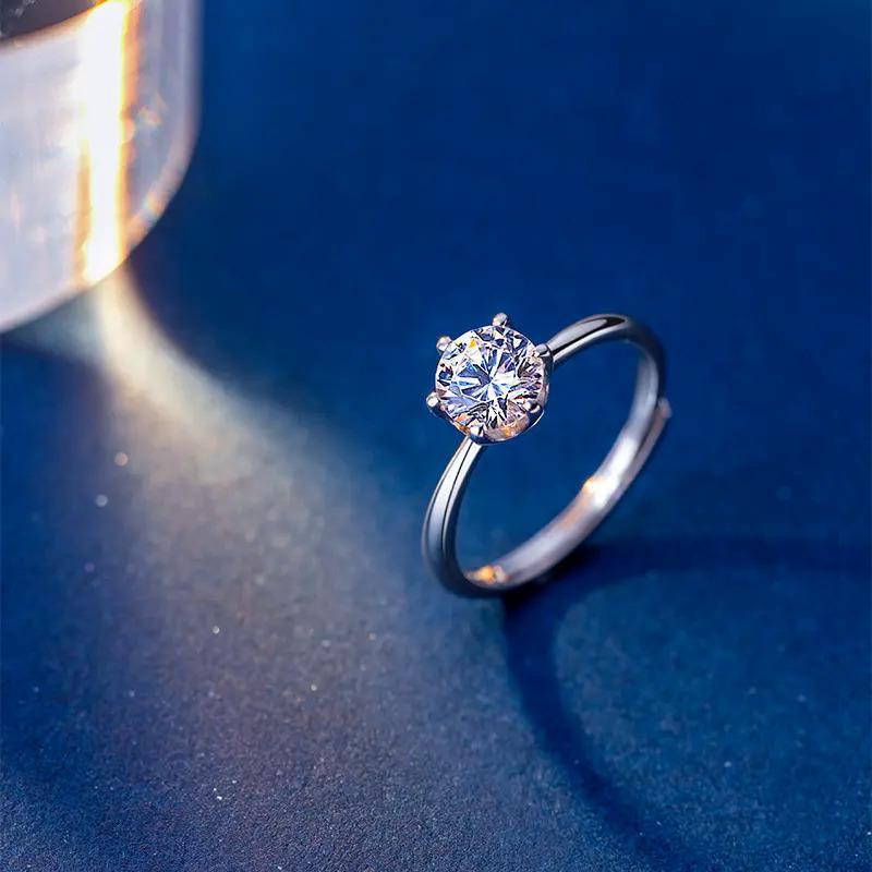 Classic S925 Sterling Silver 1 Carat Moissanite Six-Prong Open Ring for Women - High-End Versatile Gift for Girlfriend. Adjustable Open Size