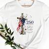 250 Years Of Faith & Freedom Watercolor Cross Dove Crew Neck T-Shirt, White Fourth Of July Church Faith Casual Relaxed Fit Graphic Tee