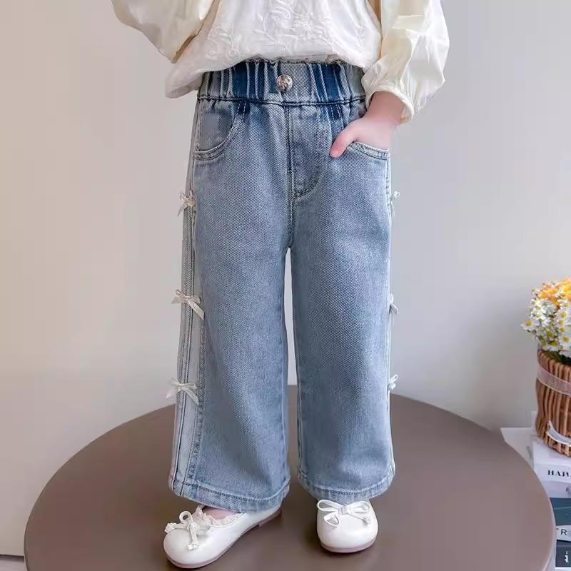Baby Girls Bow Jeans Kids Spring Autumn Loose Long Pants Children's Straight Wide Leg Trousers Toddler Casual