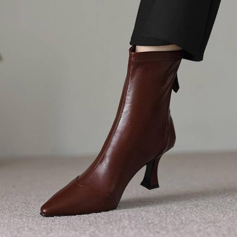 Neue, hochhackige Damenstiefel in großen Größen, mit Reißverschluss hinten, weicher Sohle aus Rindersehnenmaterial, komfortablem Reißverschluss hinten, einfarbigem, vielseitigem Stiletto-Stiefel mit mittelhohem Absatz.