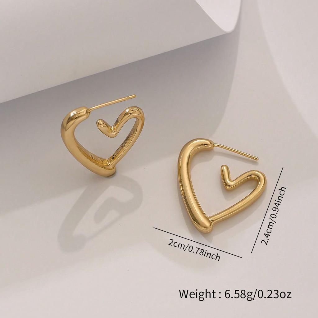 1 par de Brincos de Metal em Forma de Coração para Mulheres, Brincos Simples e Versáteis, Presente de Dia dos Namorados para Acessórios de Uso Diário