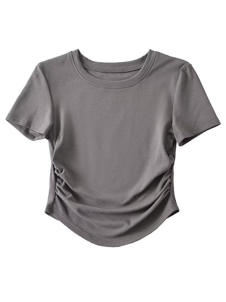 2024 Harajuku Dámské bavlněné tričko s krátkým rukávem a kulatým výstřihem s detaily řasení po stranách