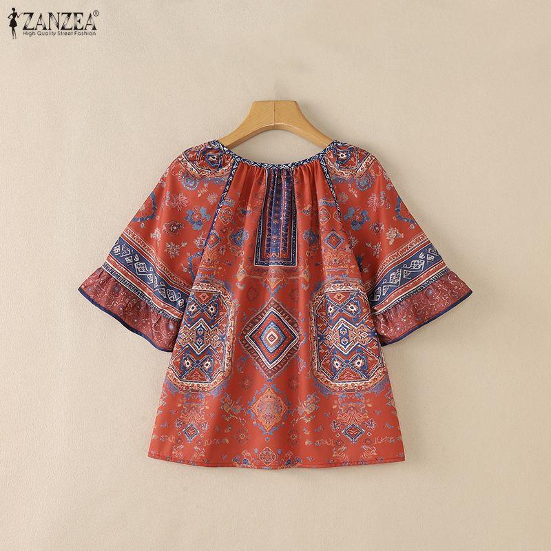 ZANZEA Camicetta Casual da Donna con Stampa Etnica, Girocollo, Manica a Metà, Vestibilità Larga