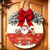 Seasonal Wall Art Christmas Wooden Welcome Sign for Front Door Round Hanging Ornament with Gift Artificial Pine Branches & Bow Decor Holiday