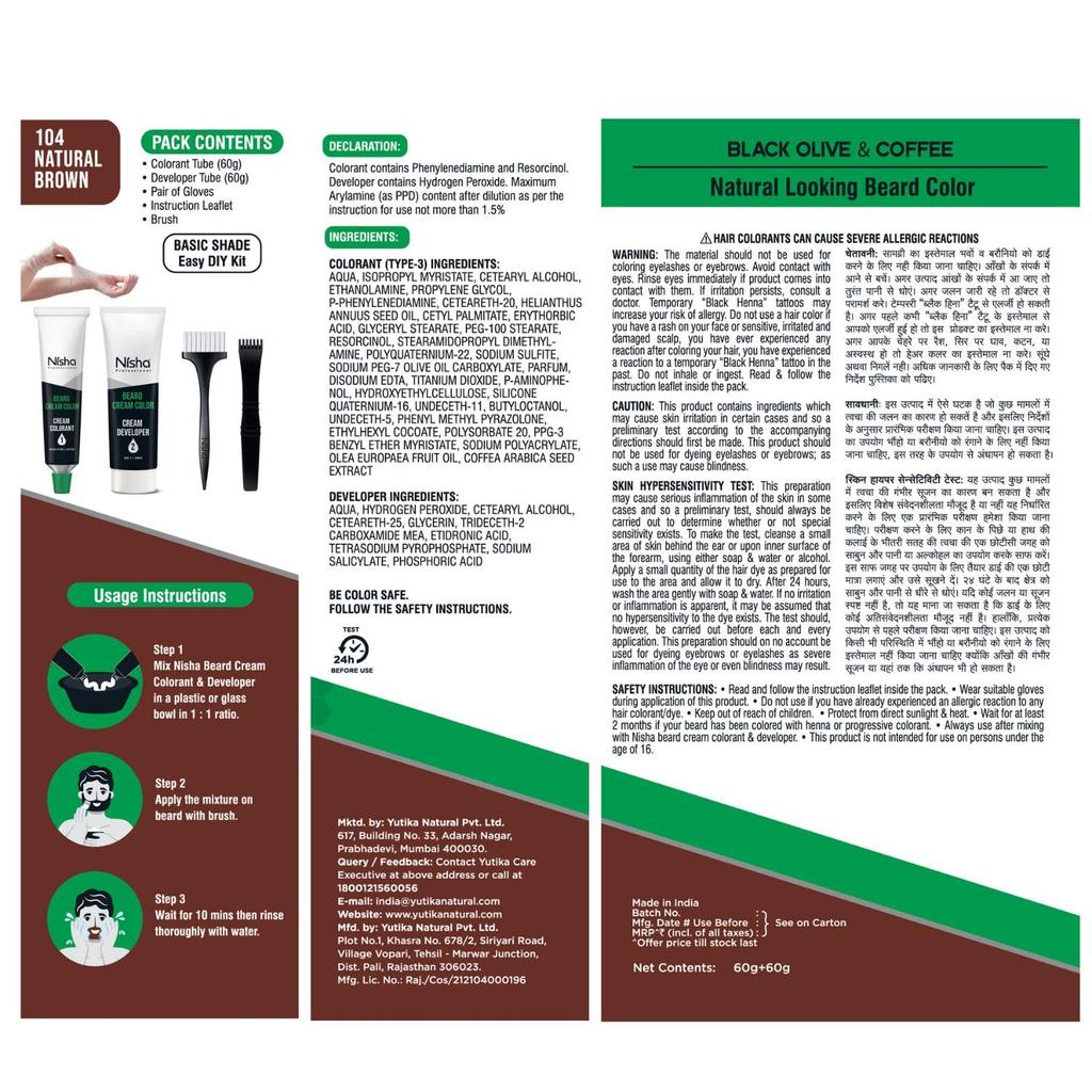 Nisha Beard Colour For Men Natural Brown 100% Grey Coverage Non-Drip Vegan 60g + 60g Kit