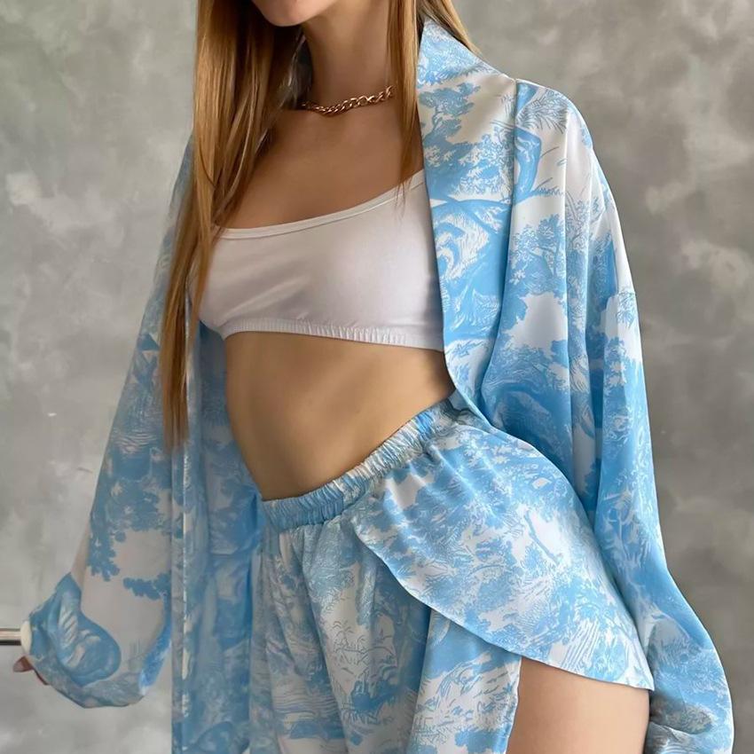 2-piece Casual Women's Pajama Set Long-sleeved Pajamas Lace-up Pajamas Sexy V-neck Pajama Shorts New Loose Home Clothes