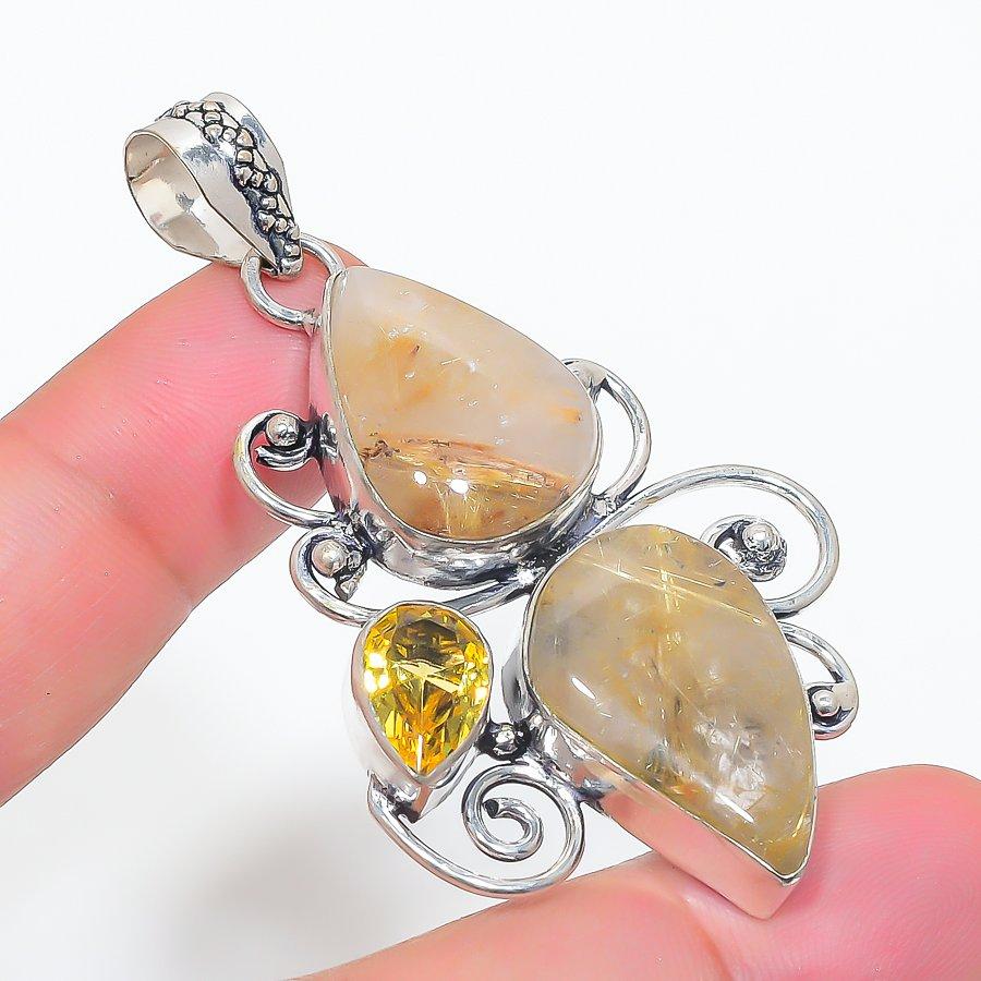

Подвеска из стерлингового серебра 925 пробы с натуральным золотым рутилом и цитрином 2,48 дюйма R9M53