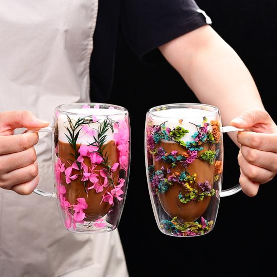 Double Wall Glass Mug with Flower Glitter Inside 450ml Large Capacity Heat & Cold Resistant Transparent Mug Creative Breakfast Coffee Cup
