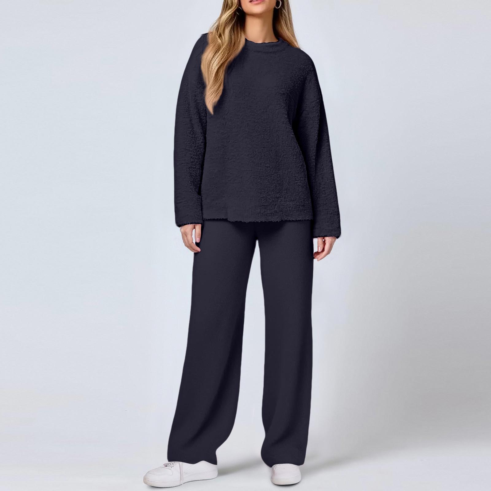 

Женский повседневный модный удобный комплект топов и брюк для дома, теплый пижамный набор L чёрный