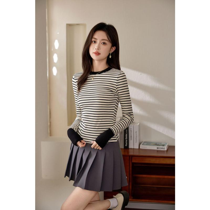 Womens Colorblock Striped Long Sleeve Cotton Bottoming T Shirt