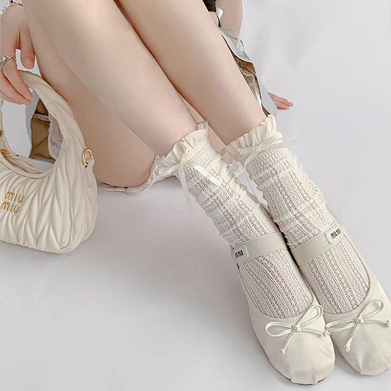 Women's Spring and Summer Ribbon Bow Ballet Style Breathable Lace Lace Mid Calf Socks