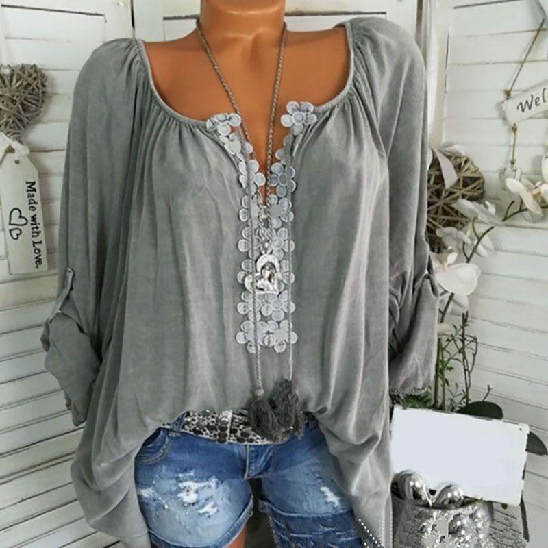 Elegant Plus Size Women Boho Long Sleeve Blouse Baggy Tops With V Neck Design