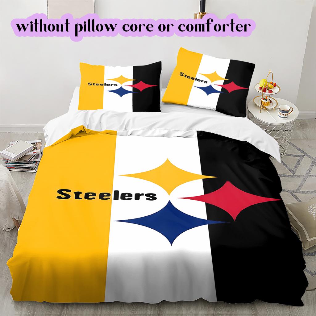 Pittsburgh Steelers Vzorovaná Sada Povlečení Prošívaná Přikrývka Povlak na Polštář Domácí Dekorace Narozeninový Dárek (1 * povlak na peřinu + 2 * povlak na polštář, bez jádra)