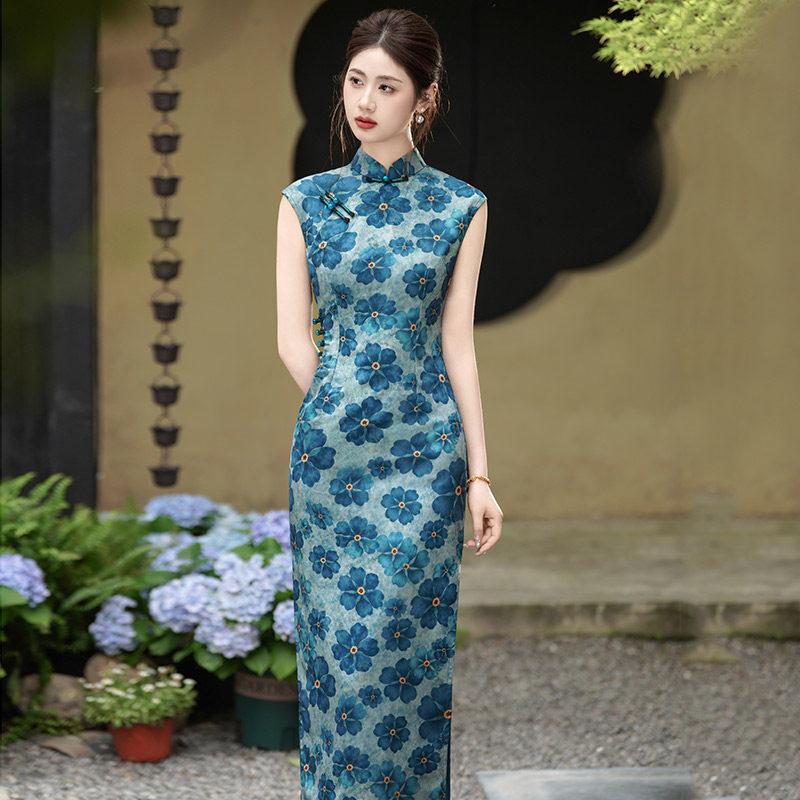 Blau ärmellos nationaler Stil neu Chinesisch Suzhou langer Cheongsam verbessert jung 1011 neu Damen High Sense Sommer