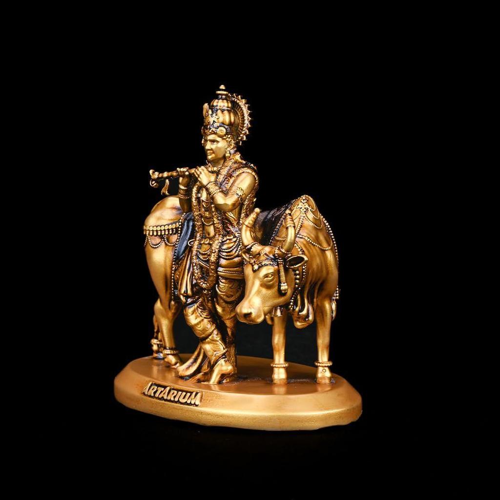 Handcrafted Krishna with Cow Murti Idol Statue Janmashtami Showpiece for Car Dashboard Home Decor Office and Table Decorative