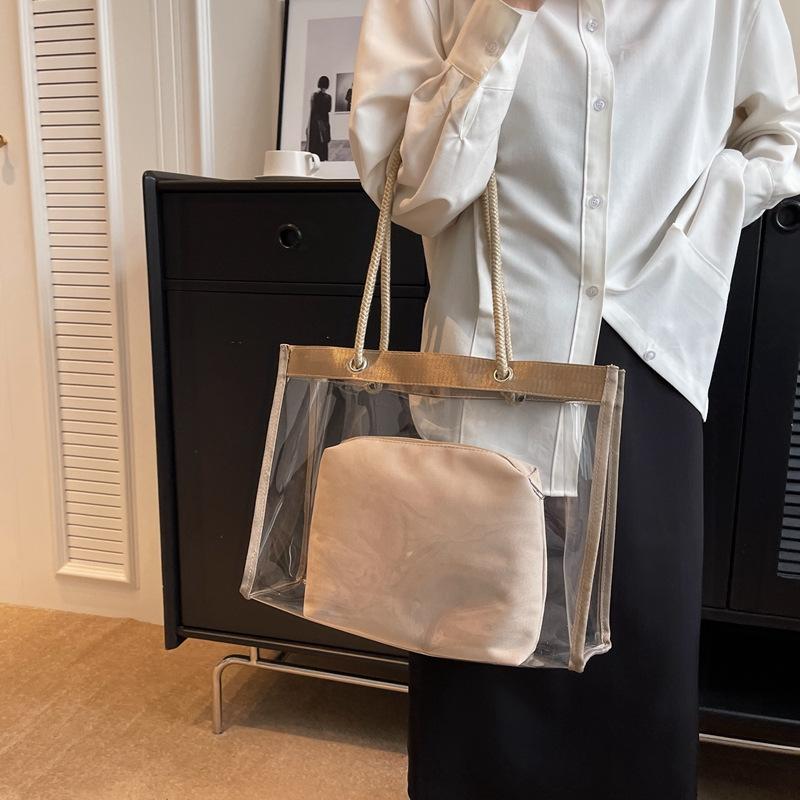 Personalized transparent bag women's new model, large-capacity mother and child shoulder bag trendy commuter PVC portable tote bag