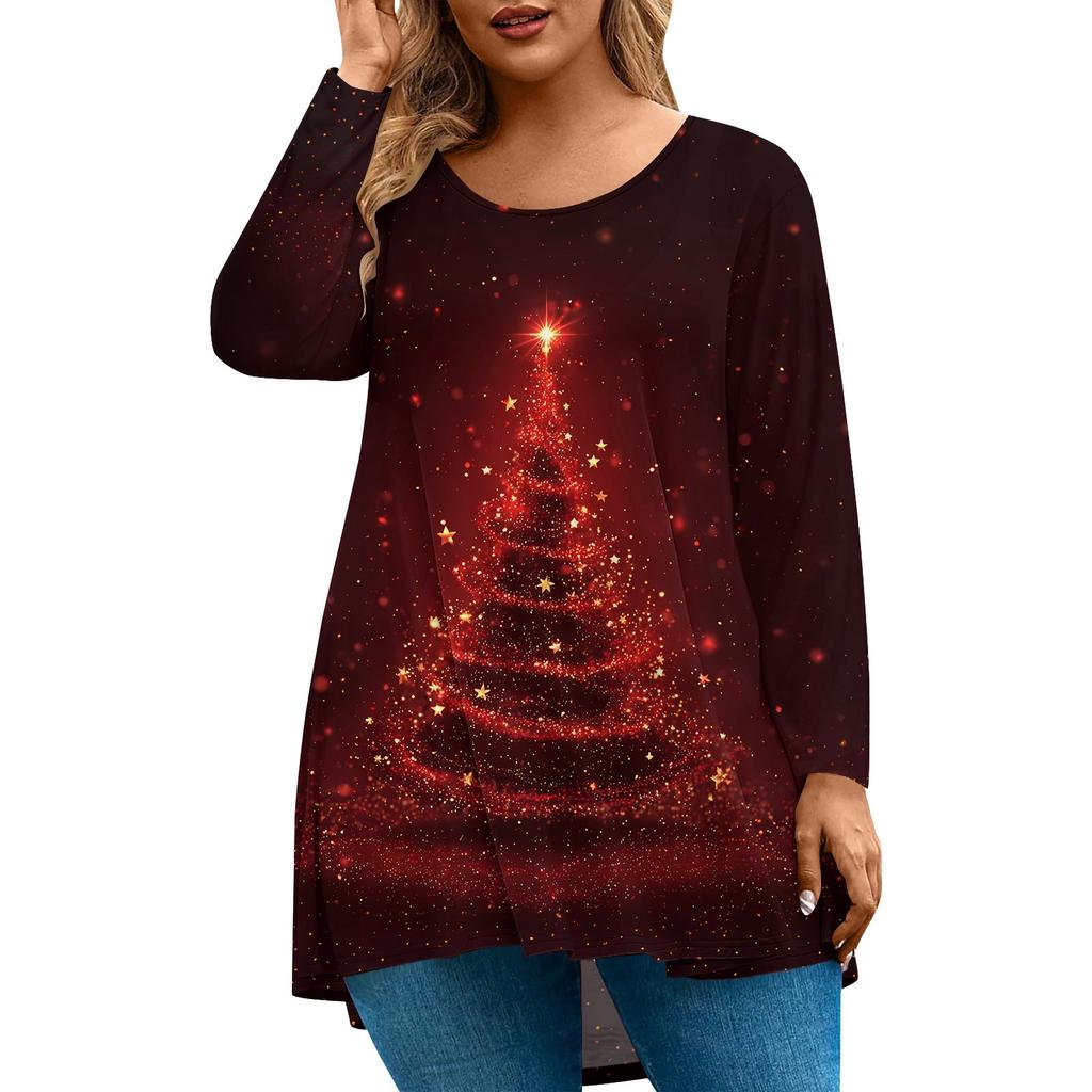 Women's Fashion Large Size Round Neck Long Sleeve Casual Christmas Print Loose Pullover Top