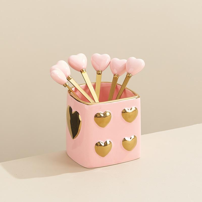 Luxury Gold-plated Ceramic Fork and Spoon Storage Jar Stainless Steel Fruit Fork and Spoon Box Modern Heart Ceramic Storage Jar