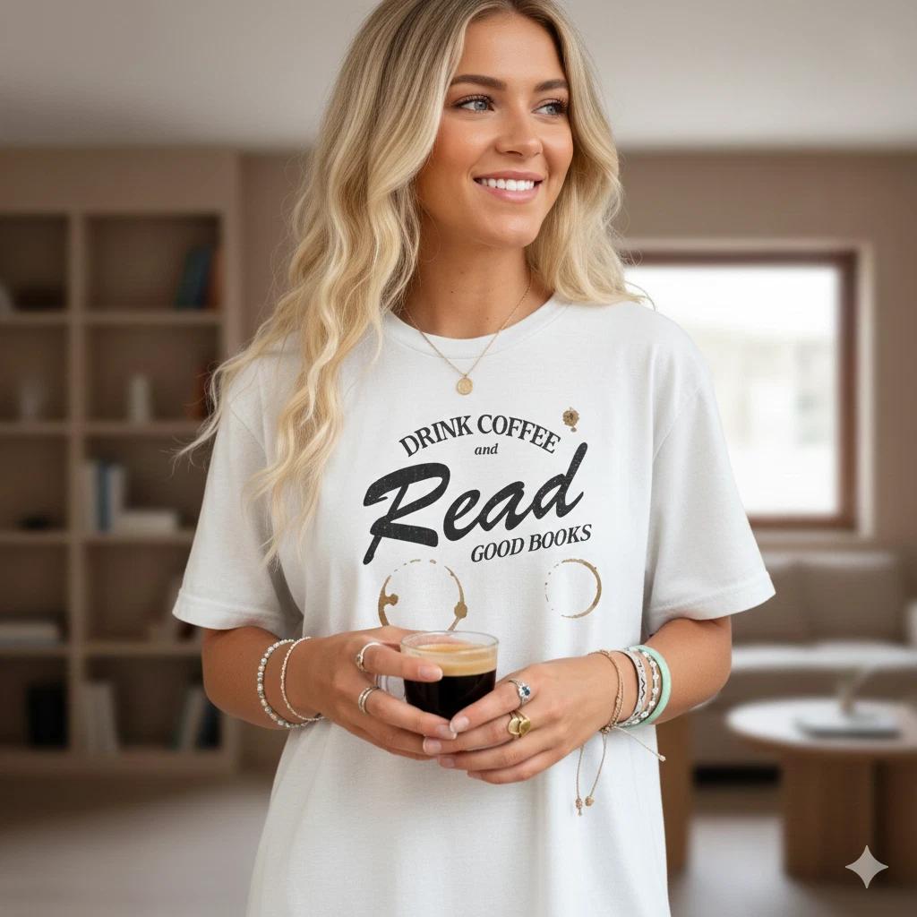 

Drink Coffee Read Good Books Unisex Graphic T-Shirt Book Lover Tee - S189 L