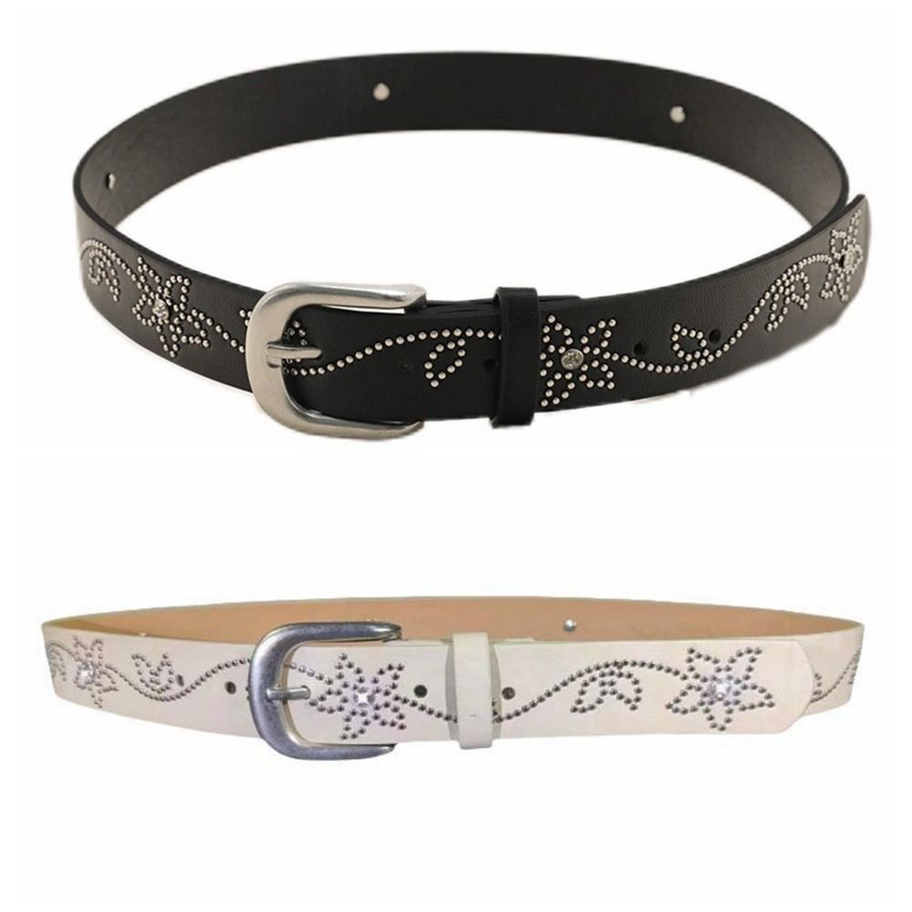 Zinc Zinc Alloy Rhinestone Belt Flower PU Leather Waistband Personality Rivet Belt  Women