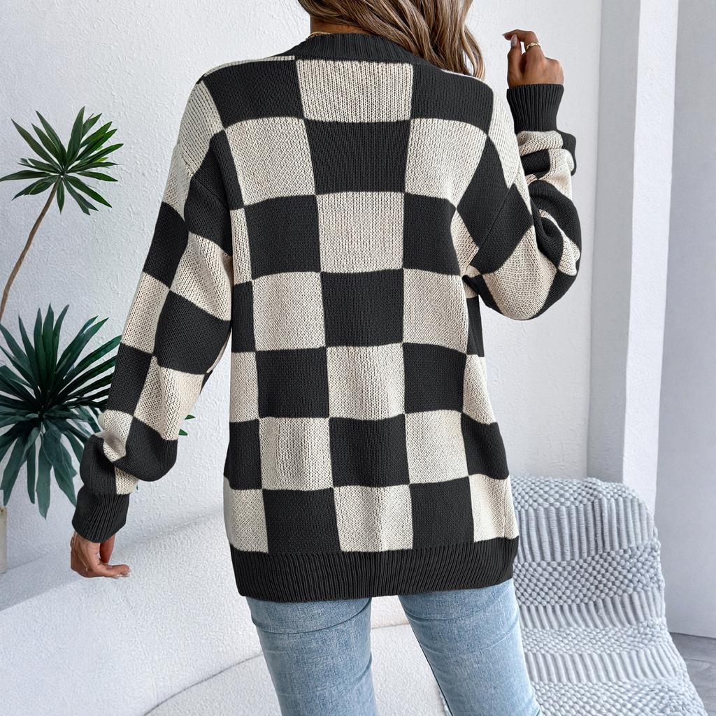 Women's Color-blocked Plaid Long-sleeved Cardigan Sweater Mid-length Coat