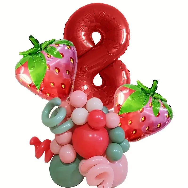 32  Red Strawberry Themed Number Balloon Set for Birthdays and Photos
