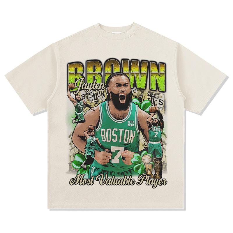 Koszulka bawełniana z nadrukiem vintage Boston Jaylen Brown z krótkim rękawem dla fana koszykówki, sportowy top treningowy na lato, męska i damska