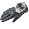 New Winter Women's Warm Touch Screen Leather Gloves Cycling Electric Car Hairball Pu Leather Thickened Velvet Gloves