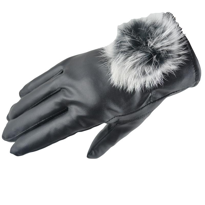New Winter Women's Warm Touch Screen Leather Gloves Cycling Electric Car Hairball Pu Leather Thickened Velvet Gloves