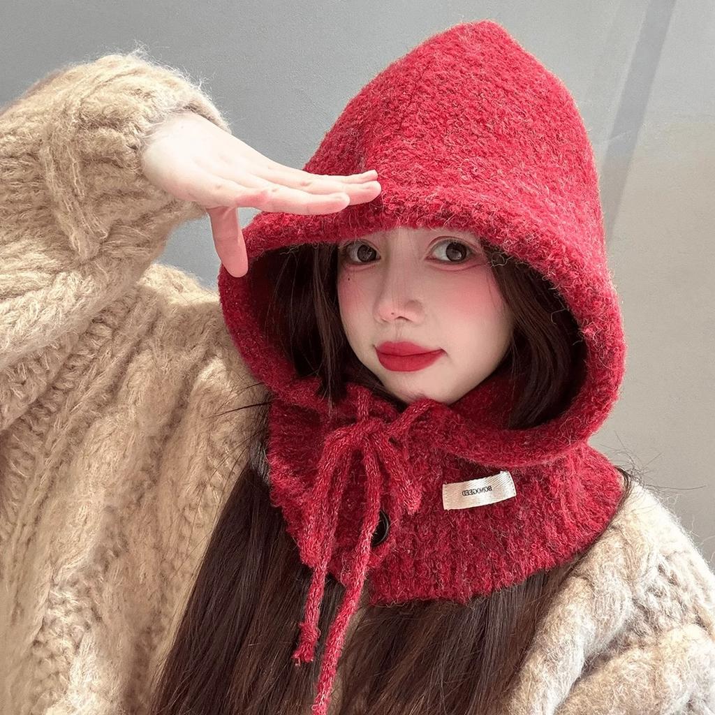 Autumn and Winter New Korean Style Anti Aging Balacala Cap Buttoned Scarf Cap One Piece Women's Ear Protecting and Warm Knitted Cap